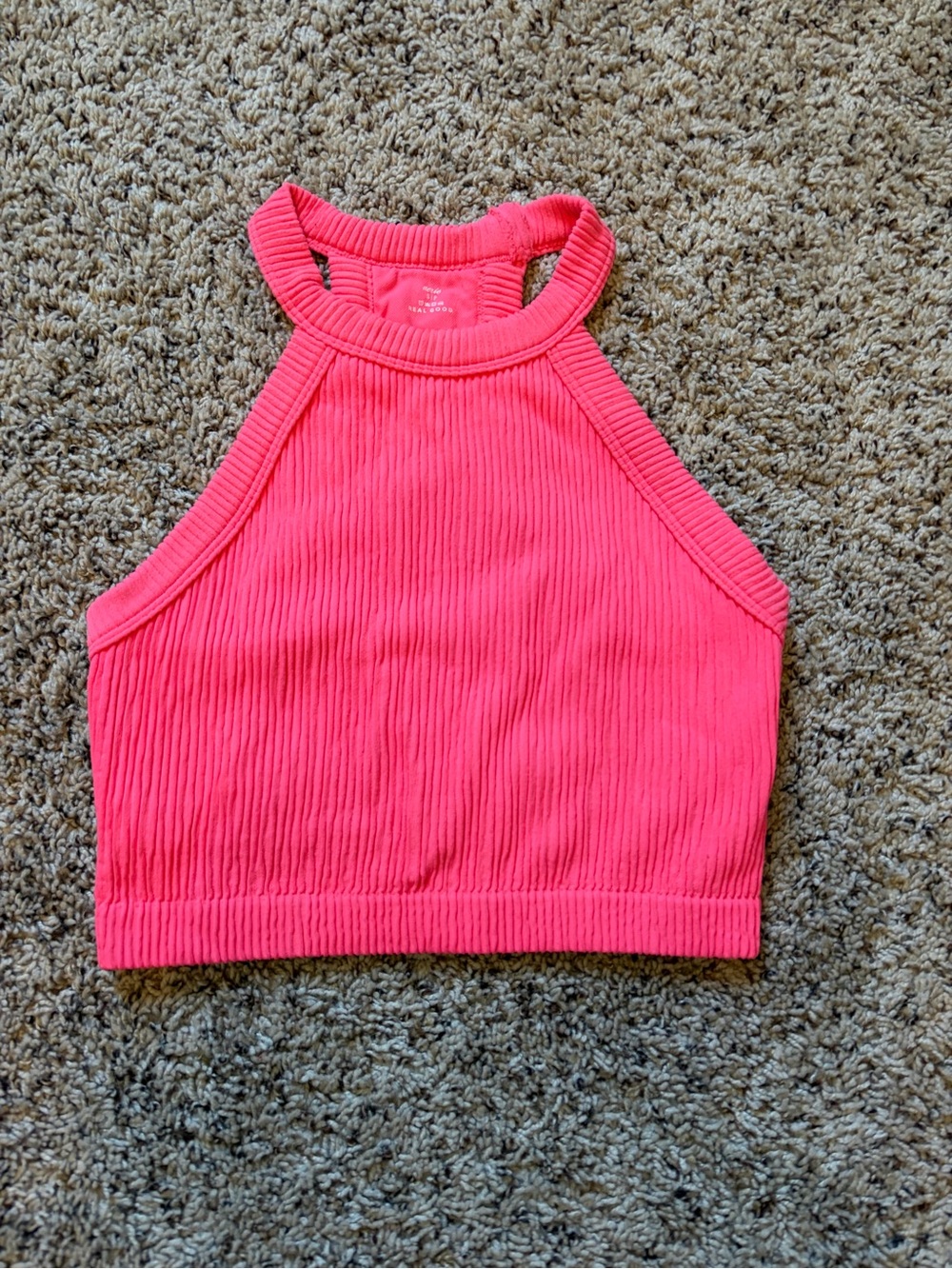 aerie Neon Pink Ribbed Halter Crop Top